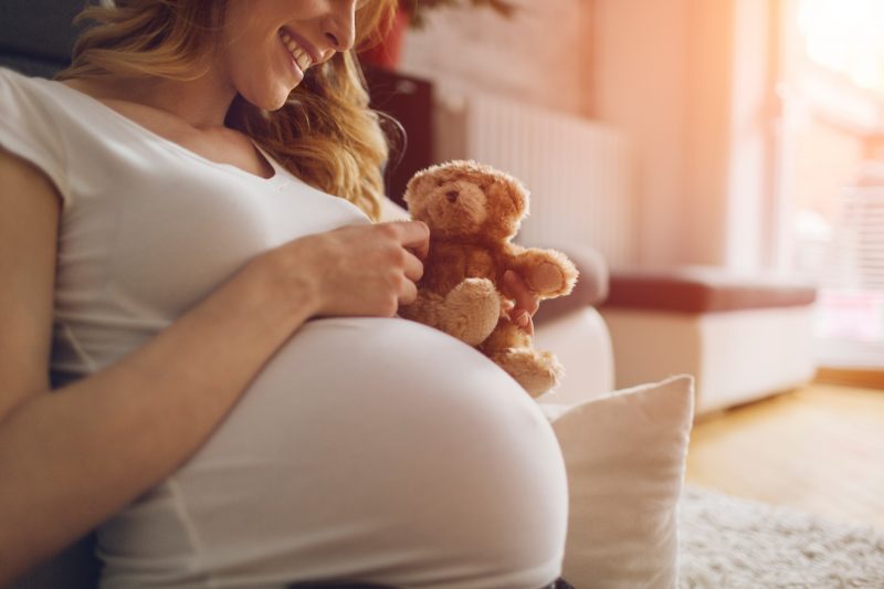 Schwangere mit Teddy auf dem Bauch, Vorfreude aufs Baby, Nährstoffe Ernährung in Schwangerschaft Stillzeit